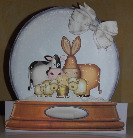 SNOW GLOBE ANIMALS AT THE CRIB QUICK CHRISTMAS CARD by Wanda Lipski