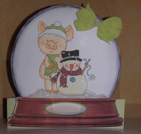 SNOW GLOBE PERKY PIG 3 QUICK CHRISTMAS CARD by Wanda Lipski