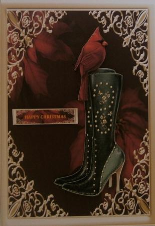 Green Boots and Cardinal Xmas Card Front by Wanda Lipski