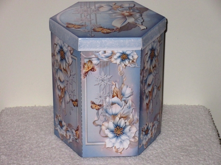 GORGEOUS TALL HEXAGONAL DECOUPAGE BOX - FROSTED FLORALS by Wayne Swan