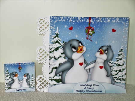 8 x 8 Christmas Penguins Under The Mistletoe Card Kit With Assorted Greetings by Wayne Swan