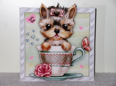 Teacup Yorkshire Terrier Over The Edge Card Kit With Decoupage Insert & Envelope by Wayne Swan