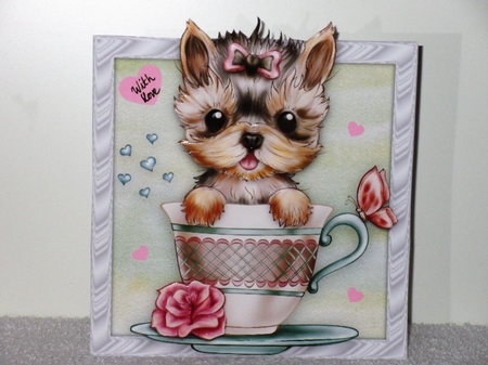 Teacup Yorkshire Terrier Over The Edge Card Kit With Decoupage Insert & Envelope by Wayne Swan