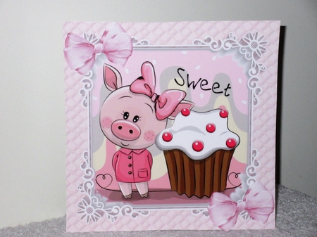 cute piggy with cupcake and organza pink bows 8x8 by Wayne Swan