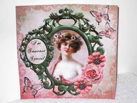 Vintage Lady in Frame 8x8 Decoupage Card 10 - Pink & Green by Wayne Swan