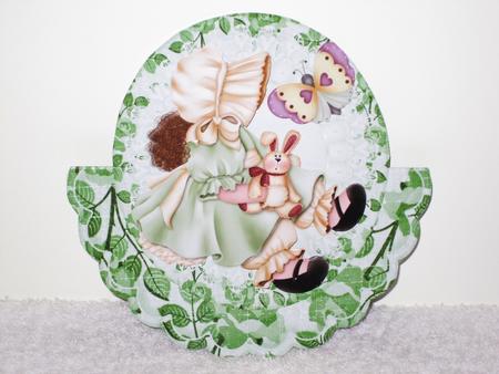 Little Bonnet Girl in Green with Pink Roses Rocker Card by Wayne Swan