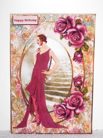 Art Deco Lady in Cerise Dress Card with Decoupage by Wayne Swan