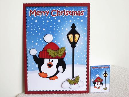 Christmas Snowballing Penguin Lamp Post 5x7 3D Decoupage by Wayne Swan