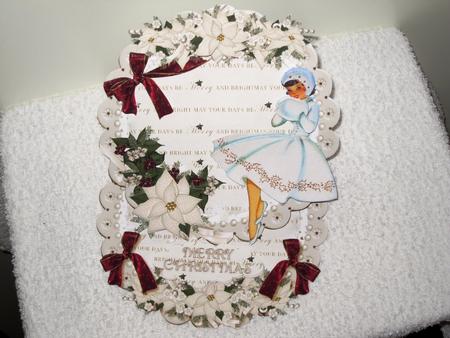 Christmas Lady in White Scalloped Round Easel Card by Wayne Swan