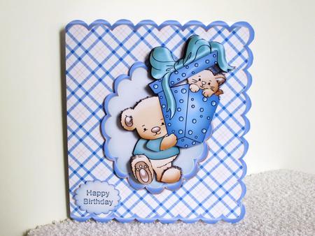 Bear with Gift Box in Blue Scalloped Card Kit by Wayne Swan