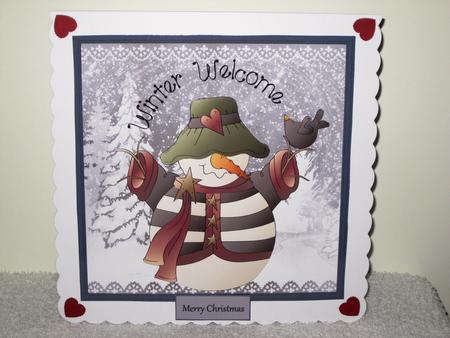 Winter Welcome Snowman 7x7 Card with Decoupage by Wayne Swan