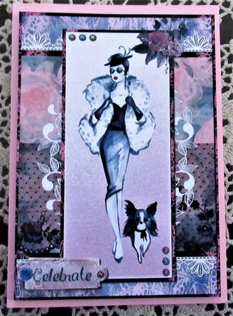A5 Card Front Chic Lady/Papillon Dog with Topper and Sentiment Toppers by Wendy De Winter