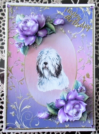 Old English Sheepdog Dog And Roses Card Front by Wendy De Winter