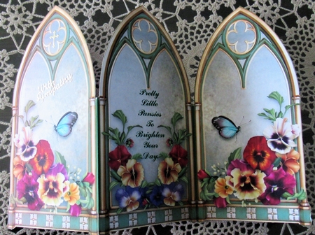 Butterflies & Pansy Flowers On A Gothic Triple Screen Card by Wendy De Winter