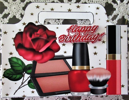 Pretty ladies tote gift bag with red rose, stars, and makeup by Wendy De Winter