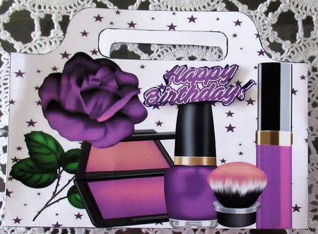 Pretty ladies tote gift bag with purple rose, stars, and makeup by Wendy De Winter