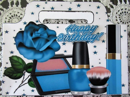 Pretty ladies tote gift bag with blue rose, stars, and makeup by Wendy De Winter