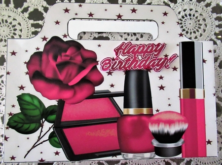 Pretty ladies tote gift bag with pink rose, stars, and makeup by Wendy De Winter