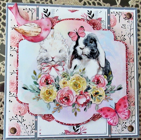 Easter Wishes 9: Floral Bunnies 5 x 5 Cut & Fold Card with Sentiments, Peach/Pink/Yellow by Wendy De Winter