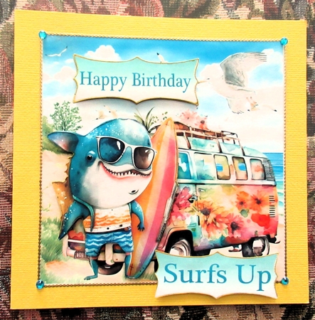 Surfing shark Birthday card front 1 by Wendy De Winter