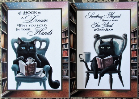 2 Black cat reading notelets 1 by Wendy De Winter