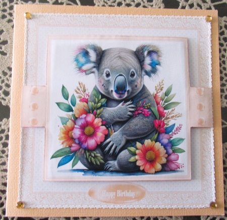 8 x 8 koala with flowers quick card front by Wendy De Winter