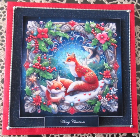 8 x 8 foxes stained glass quick card front. by Wendy De Winter
