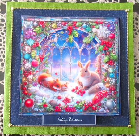 8 x 8 rabbit & squirrel stained glass quick card front. by Wendy De Winter