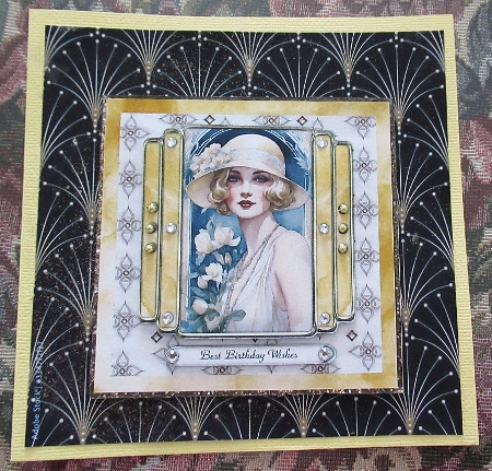 Postcard style Art Deco lady with yellow flowers topper for 6x6 card  by Wendy De Winter