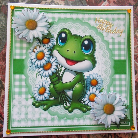 Cute Frog With Daisies Card Front Green Gingham 8X8 Frame (ONE) by Wendy De Winter