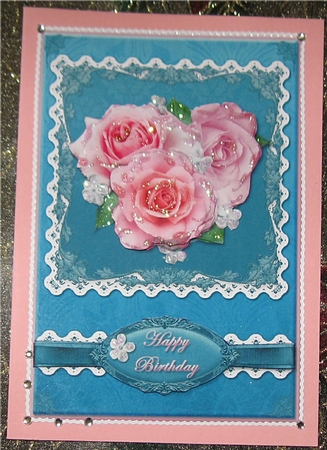Pink Roses on Teal with Lace by Wendy De Winter