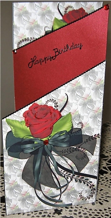 Red Rose and Black Ribbon Corsage Tri-fold Card by Wendy De Winter