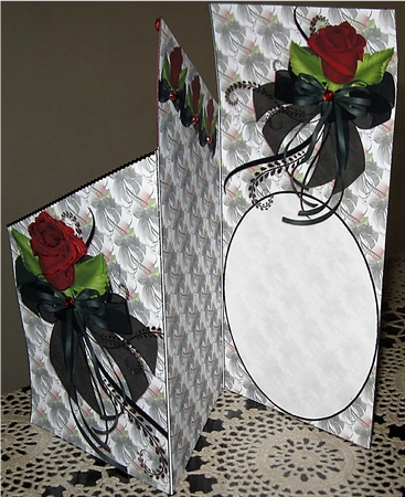 Red Rose and Black Ribbon Corsage Tri-fold Card by Wendy De Winter