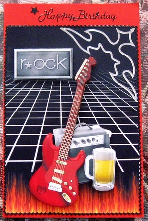 Rock Guitar and Beer Card Front with Decoupage by Wendy De Winter
