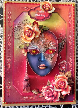 Golden Masquerade Mask and Roses Card Front by Wendy De Winter