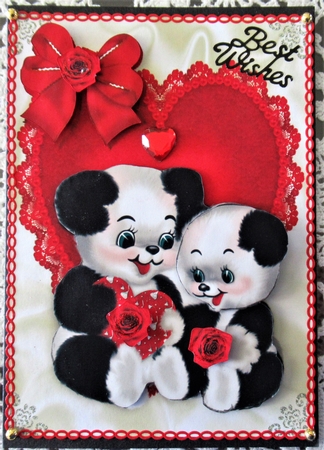 Love Pandas on a Red Lace Heart with Bow by Wendy De Winter