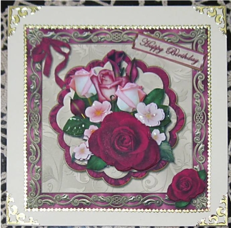 Rose Bouquet on Scalloped Panel Square Card Front by Wendy De Winter