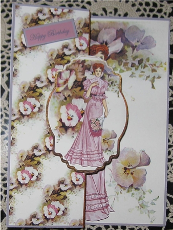 Pansy and Vintage Lady Fold Back Card by Wendy De Winter