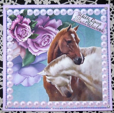 Horses Heads Entwined with Pink Roses & Pearls 8x8 by Wendy De Winter
