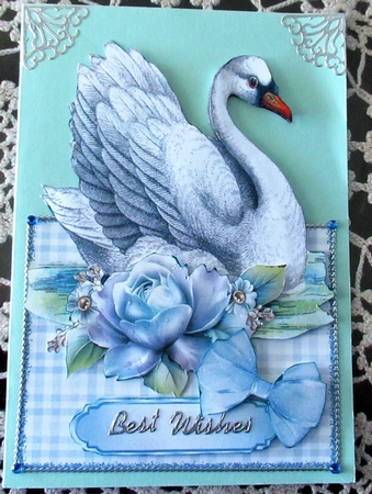Beautiful White Swan with Blue Roses Over the Edge Crd by Wendy De Winter