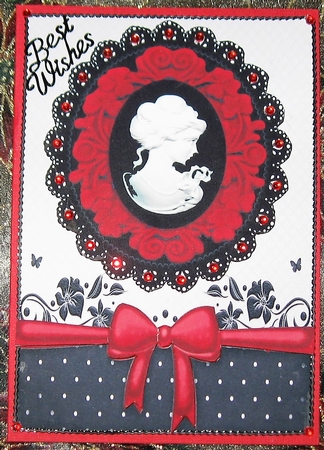 Red Cameo of Pretty Lady on Black Lace & Bow by Wendy De Winter