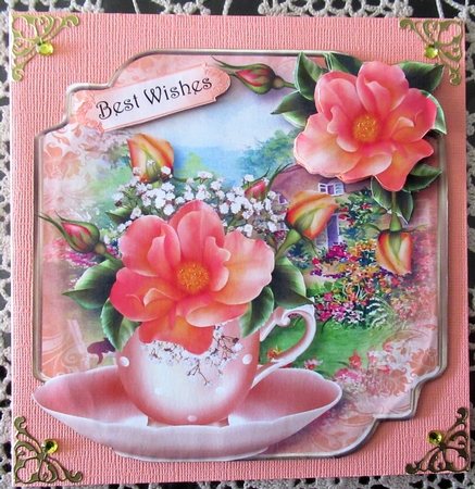 Teacup, Saucer & Peach Roses - Shaped Topper by Wendy De Winter