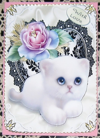 Cute White Kitty and Black Lace Heart with Pink Rose by Wendy De Winter