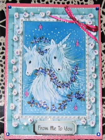 Beautiful Aqua Unicorn Card and Topper by Wendy De Winter