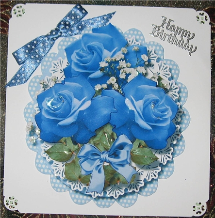 Topper or Easel , with Blue Roses on a Polka Dot Frame  by Wendy De Winter