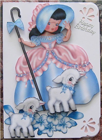Little Bo Peep with Her Little Lambs and Blue Flowers A4 by Wendy De Winter