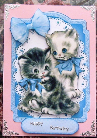 Vintage Kittens with Blue Bows on a Frame with Lace by Wendy De Winter