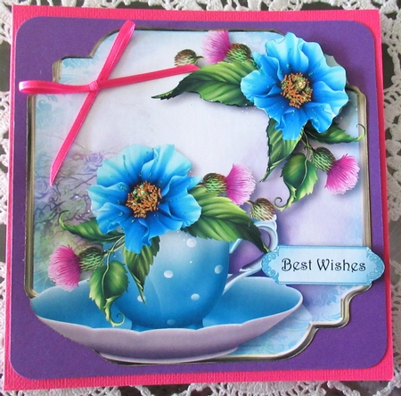 Teacup, Saucer & Blue Poppies - Shaped Topper by Wendy De Winter
