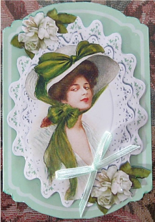 Elegant Lady in Bonnet with Green Bow, Roses Bracket Card by Wendy De Winter