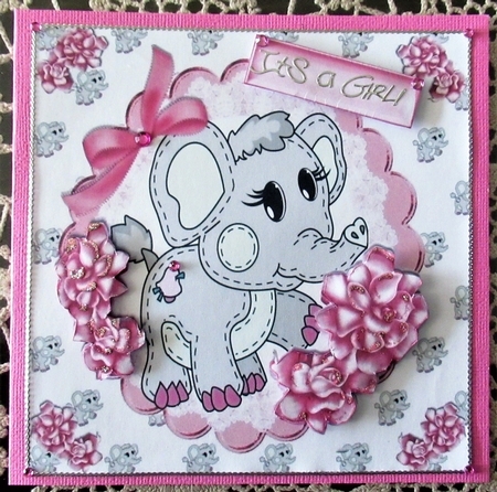 Cute Little Ele on Lace with Bow and Pink Roses 8x8 by Wendy De Winter
